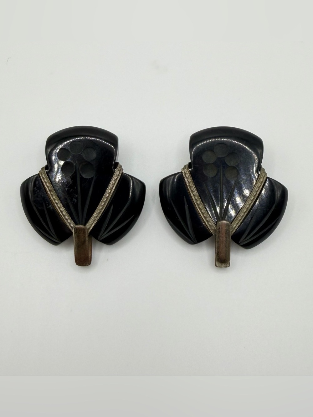 Vintage Art Deco Black Bakelite Dress Hooks Pair Carved Floral Fan Flower 1930s